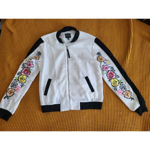 XOXO Vintage Lightweight Black White Colorful Floral Embroidered Bomber Jacket